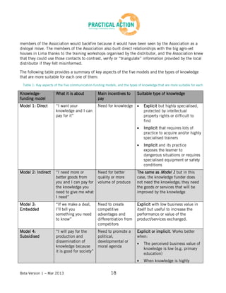 Beta Version 1 – Mar 2013 18
members of the Association would backfire because it would have been seen by the Association as a
disloyal move. The members of the Association also built direct relationships with the big agro-vet
houses in Lima thanks to the training workshops organised by the distributor, and the Association knew
that they could use those contacts to contrast, verify or “triangulate” information provided by the local
distributor if they felt misinformed.
The following table provides a summary of key aspects of the five models and the types of knowledge
that are more suitable for each one of them:
Table 1: Key aspects of the five communication-funding models, and the types of knowledge that are more suitable for each
Knowledge-
funding model
What it is about Main incentives to
pay
Suitable type of knowledge
Model 1: Direct “I want your
knowledge and I can
pay for it”
Need for knowledge Explicit but highly specialised,
protected by intellectual
property rights or difficult to
find
Implicit that requires lots of
practice to acquire and/or highly
specialised trainers
Implicit and its practice
exposes the learner to
dangerous situations or requires
specialised equipment or safety
conditions
Model 2: Indirect “I need more or
better goods from
you and I can pay for
the knowledge you
need to give me what
I need”
Need for better
quality or more
volume of produce
The same as Model 1 but in this
case, the knowledge funder does
not need the knowledge; they need
the goods or services that will be
improved by the knowledge
Model 3:
Embedded
“If we make a deal,
I’ll tell you
something you need
to know”
Need to create
competitive
advantages and
differentiation from
competitors
Explicit with low business value in
itself but useful to increase the
performance or value of the
product/services exchanged.
Model 4:
Subsidised
“I will pay for the
production and
dissemination of
knowledge because
it is good for society”
Need to promote a
political,
developmental or
moral agenda
Explicit or implicit. Works better
when:
The perceived business value of
knowledge is low (e.g. primary
education)
When knowledge is highly
 