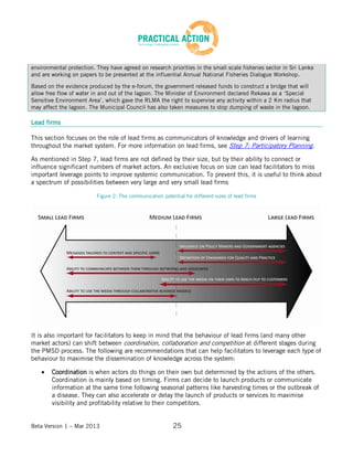 Beta Version 1 – Mar 2013 25
environmental protection. They have agreed on research priorities in the small scale fisheries sector in Sri Lanka
and are working on papers to be presented at the influential Annual National Fisheries Dialogue Workshop.
Based on the evidence produced by the e-forum, the government released funds to construct a bridge that will
allow free flow of water in and out of the lagoon. The Minister of Environment declared Rekawa as a ‘Special
Sensitive Environment Area’, which gave the RLMA the right to supervise any activity within a 2 Km radius that
may affect the lagoon. The Municipal Council has also taken measures to stop dumping of waste in the lagoon.
Lead firms
This section focuses on the role of lead firms as communicators of knowledge and drivers of learning
throughout the market system. For more information on lead firms, see Step 7: Participatory Planning.
As mentioned in Step 7, lead firms are not defined by their size, but by their ability to connect or
influence significant numbers of market actors. An exclusive focus on size can lead facilitators to miss
important leverage points to improve systemic communication. To prevent this, it is useful to think about
a spectrum of possibilities between very large and very small lead firms
Figure 2: The communication potential for different sizes of lead firms
It is also important for facilitators to keep in mind that the behaviour of lead firms (and many other
market actors) can shift between coordination, collaboration and competition at different stages during
the PMSD process. The following are recommendations that can help facilitators to leverage each type of
behaviour to maximise the dissemination of knowledge across the system:
Coordination is when actors do things on their own but determined by the actions of the others.
Coordination is mainly based on timing. Firms can decide to launch products or communicate
information at the same time following seasonal patterns like harvesting times or the outbreak of
a disease. They can also accelerate or delay the launch of products or services to maximise
visibility and profitability relative to their competitors.
 