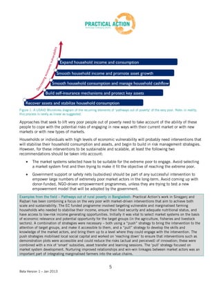 Figure 1: A USAID Microlinks diagram of the recurring elements of ‘pathways out of poverty’ of the very poor. Note: in reality,
this process is rarely as linear as suggested.

Approaches that seek to lift very poor people out of poverty need to take account of the ability of these
people to cope with the potential risks of engaging in new ways with their current market or with new
markets or with new types of markets.
Households or individuals with high levels of economic vulnerability will probably need interventions that
will stabilise their household consumption and assets, and begin to build in risk management strategies.
However, for these interventions to be sustainable and scalable, at least the following two
recommendations should be taken into account:
         The market systems selected have to be suitable for the extreme poor to engage. Avoid selecting
         a market system first and then trying to make it fit the objective of reaching the extreme poor.
         Government support or safety nets (subsidies) should be part of any successful intervention to
         empower large numbers of extremely poor market actors in the long-term. Avoid coming up with
         donor-funded, NGO-driven empowerment programmes, unless they are trying to test a new
         empowerment model that will be adopted by the government.
Examples from the field – Pathways out of rural poverty in Bangladesh: Practical Action’s work in Sirajganj and
Rajbari has been combining a focus on the very poor with market-driven interventions that aim to achieve both
scale and sustainability. The EC funded programme involved targeting vulnerable and marginalised farming
households who needed to stabilise their income, ensure their food security and adequate nutritional status, and
have access to low-risk income generating opportunities. Initially it was vital to select market systems on the basis
of economic relevance and potential opportunity for the target groups (in the agriculture, fisheries and livestock
sectors). A combination of strategies were necessary – both using a “push” strategy to bring the intervention to the
attention of target groups, and make it accessible to them, and a “pull” strategy to develop the skills and
knowledge of the market actors, and bring them up to a level where they could engage with the intervention. The
push strategies mobilised local social capital and worked on ‘reaching down’ to ensure that interventions such as
demonstration plots were accessible and could reduce the risks (actual and perceived) of innovation; these were
combined with a mix of ‘smart’ subsidies, asset transfer and learning sessions. The ‘pull’ strategy focused on
market system development. Nurturing improved relationships and win‐win linkages between market actors was an
important part of integrating marginalised farmers into the value chains.


                                                                5
Beta Version 1 – Jan 2013
 