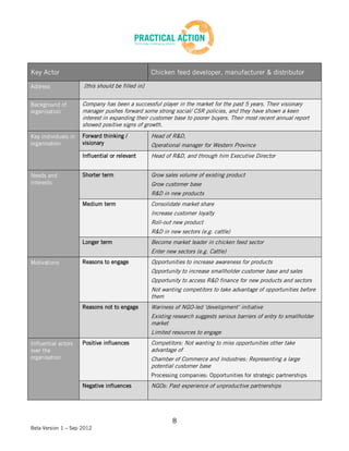 Key Actor                                         Chicken feed developer, manufacturer & distributor

Address              [this should be filled in]


Background of        Company has been a successful player in the market for the past 5 years. Their visionary
organisation         manager pushes forward some strong social/ CSR policies, and they have shown a keen
                     interest in expanding their customer base to poorer buyers. Their most recent annual report
                     showed positive signs of growth.
Key individuals in   Forward thinking /           Head of R&D,
organisation         visionary                    Operational manager for Western Province
                     Influential or relevant      Head of R&D, and through him Executive Director


Needs and            Shorter term                 Grow sales volume of existing product
interests                                         Grow customer base
                                                  R&D in new products
                     Medium term                  Consolidate market share
                                                  Increase customer loyalty
                                                  Roll-out new product
                                                  R&D in new sectors (e.g. cattle)
                     Longer term                  Become market leader in chicken feed sector
                                                  Enter new sectors (e.g. Cattle)
Motivations          Reasons to engage            Opportunities to increase awareness for products
                                                  Opportunity to increase smallholder customer base and sales
                                                  Opportunity to access R&D finance for new products and sectors
                                                  Not wanting competitors to take advantage of opportunities before
                                                  them
                     Reasons not to engage        Wariness of NGO-led ‘development’ initiative
                                                  Existing research suggests serious barriers of entry to smallholder
                                                  market
                                                  Limited resources to engage
Influential actors   Positive influences          Competitors: Not wanting to miss opportunities other take
over the                                          advantage of
organisation                                      Chamber of Commerce and Industries: Representing a large
                                                  potential customer base
                                                  Processing companies: Opportunities for strategic partnerships
                     Negative influences          NGOs: Past experience of unproductive partnerships




                                                          8
Beta Version 1 – Sep 2012
 