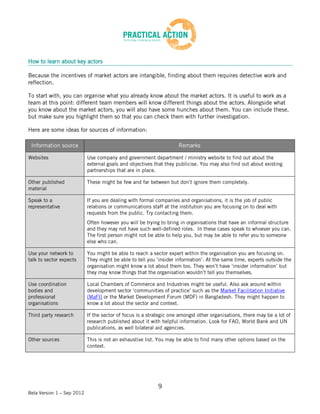 How to learn about key actors

Because the incentives of market actors are intangible, finding about them requires detective work and
reflection.

To start with, you can organise what you already know about the market actors. It is useful to work as a
team at this point: different team members will know different things about the actors. Alongside what
you know about the market actors, you will also have some hunches about them. You can include these,
but make sure you highlight them so that you can check them with further investigation.

Here are some ideas for sources of information:

 Information source                                                  Remarks

Websites                    Use company and government department / ministry website to find out about the
                            external goals and objectives that they publicise. You may also find out about existing
                            partnerships that are in place.

Other published             These might be few and far between but don’t ignore them completely.
material

Speak to a                  If you are dealing with formal companies and organisations, it is the job of public
representative              relations or communications staff at the institution you are focusing on to deal with
                            requests from the public. Try contacting them.
                            Often however you will be trying to bring in organisations that have an informal structure
                            and they may not have such well-defined roles. In these cases speak to whoever you can.
                            The first person might not be able to help you, but may be able to refer you to someone
                            else who can.

Use your network to         You might be able to reach a sector expert within the organisation you are focusing on.
talk to sector expects      They might be able to tell you ‘insider information’. At the same time, experts outside the
                            organisation might know a lot about them too. They won’t have ‘insider information’ but
                            they may know things that the organisation wouldn’t tell you themselves.

Use coordination            Local Chambers of Commerce and Industries might be useful. Also ask around within
bodies and                  development sector ‘communities of practice’ such as the Market Facilitation Initiative
professional                (MaFI) or the Market Development Forum (MDF) in Bangladesh. They might happen to
organisations               know a lot about the sector and context.

Third party research        If the sector of focus is a strategic one amongst other organisations, there may be a lot of
                            research published about it with helpful information. Look for FAO, World Bank and UN
                            publications, as well bilateral aid agencies.

Other sources               This is not an exhaustive list. You may be able to find many other options based on the
                            context.




                                                            9
Beta Version 1 – Sep 2012
 