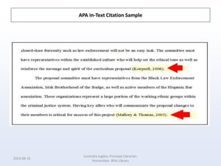 APA In-Text Citation Sample
2014-08-15
Surendra Jugdav, Principal Librarian:
Humanities Wits Library
 
