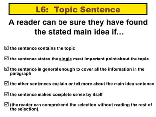 L6:  Topic Sentence A reader can be sure they have found  the stated main idea if… the sentence contains the topic  the sentence states the  single  most important point about the topic  the sentence is general enough to cover all the information in the paragraph  the other sentences explain or tell more about the main idea sentence  the sentence makes complete sense by itself (the reader can comprehend the selection without reading the rest of the selection).  