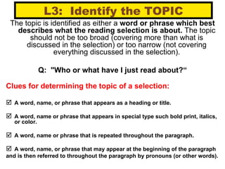 L3:  Identify the TOPIC The topic is identified as either a  word or phrase   which best describes what the reading selection is about.  The topic should not be too broad (covering more than what is discussed in the selection) or too narrow (not covering everything discussed in the selection). Q:  "Who or what have I just read about?“ Clues for determining the topic of a selection:  A word, name, or phrase that appears as a heading or title.  A word, name or phrase that appears in special type such bold print, italics, or color.  A word, name or phrase that is repeated throughout the paragraph.  A word, name, or phrase that may appear at the beginning of the paragraph and is then referred to throughout the paragraph by pronouns (or other words).  