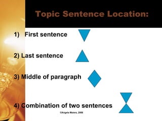 Topic Sentence Location: First sentence 2) Last sentence 3) Middle of paragraph 4) Combination of two sentences ©Angela Maiers, 2006 