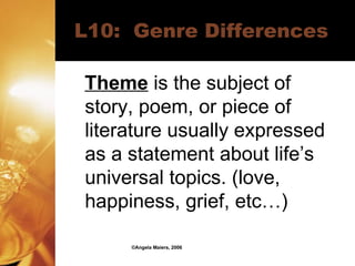 L10:  Genre Differences Theme  is the subject  of story,  poem, or piece of literature  usually expressed as a statement about  life’s universal topics. (love, happiness, grief, etc…) ©Angela Maiers, 2006 