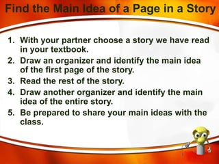 Find the Main Idea of a Page in a Story
1. With your partner choose a story we have read
in your textbook.
2. Draw an organizer and identify the main idea
of the first page of the story.
3. Read the rest of the story.
4. Draw another organizer and identify the main
idea of the entire story.
5. Be prepared to share your main ideas with the
class.
 