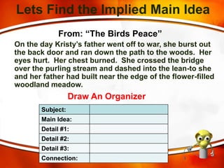 Lets Find the Implied Main Idea
From: “The Birds Peace”
On the day Kristy’s father went off to war, she burst out
the back door and ran down the path to the woods. Her
eyes hurt. Her chest burned. She crossed the bridge
over the purling stream and dashed into the lean-to she
and her father had built near the edge of the flower-filled
woodland meadow.
Draw An Organizer
Subject:
Main Idea:
Detail #1:
Detail #2:
Detail #3:
Connection:
 