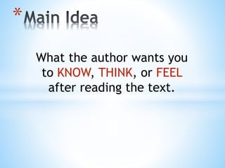 What the author wants you
to KNOW, THINK, or FEEL
after reading the text.
*
 