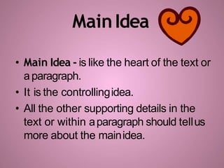 MainIdea
• Main Idea - is like the heart of the text or
aparagraph.
• It is the controllingidea.
• All the other supporting details in the
text or within aparagraph should tellus
more about the mainidea.
 