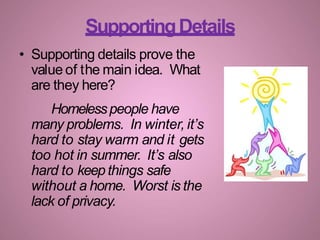 SupportingDetails
• Supporting details prove the
value of the main idea. What
are they here?
Homelesspeople have
many problems. In winter, it’s
hard to stay warm and it gets
too hot in summer. It’s also
hard to keep things safe
without a home. Worst is the
lack of privacy.
 