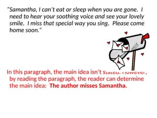 “Samantha, I can’t eat or sleep when you are gone. I
need to hear your soothing voice and see your lovely
smile. I miss that special way you sing. Please come
home soon.”
In this paragraph, the main idea isn’t stated. However,
by reading the paragraph, the reader can determine
the main idea: The author misses Samantha.
 
