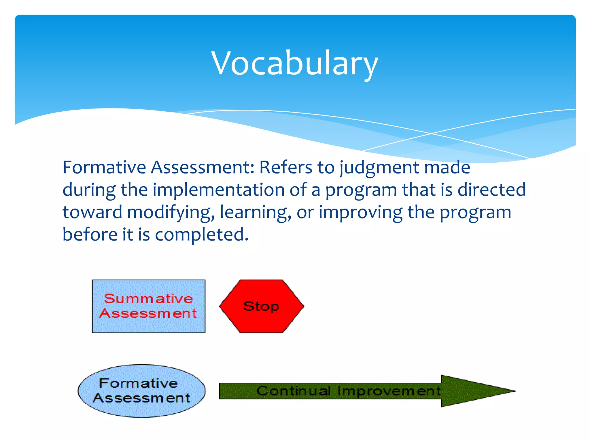 Vocabulary

Formative Assessment: Refers to judgment made
during the implementation of a program that is directed
toward modifying, learning, or improving the program
before it is completed.
 