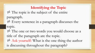 Main Idea/Topic sentences in a paragraph | PPTX