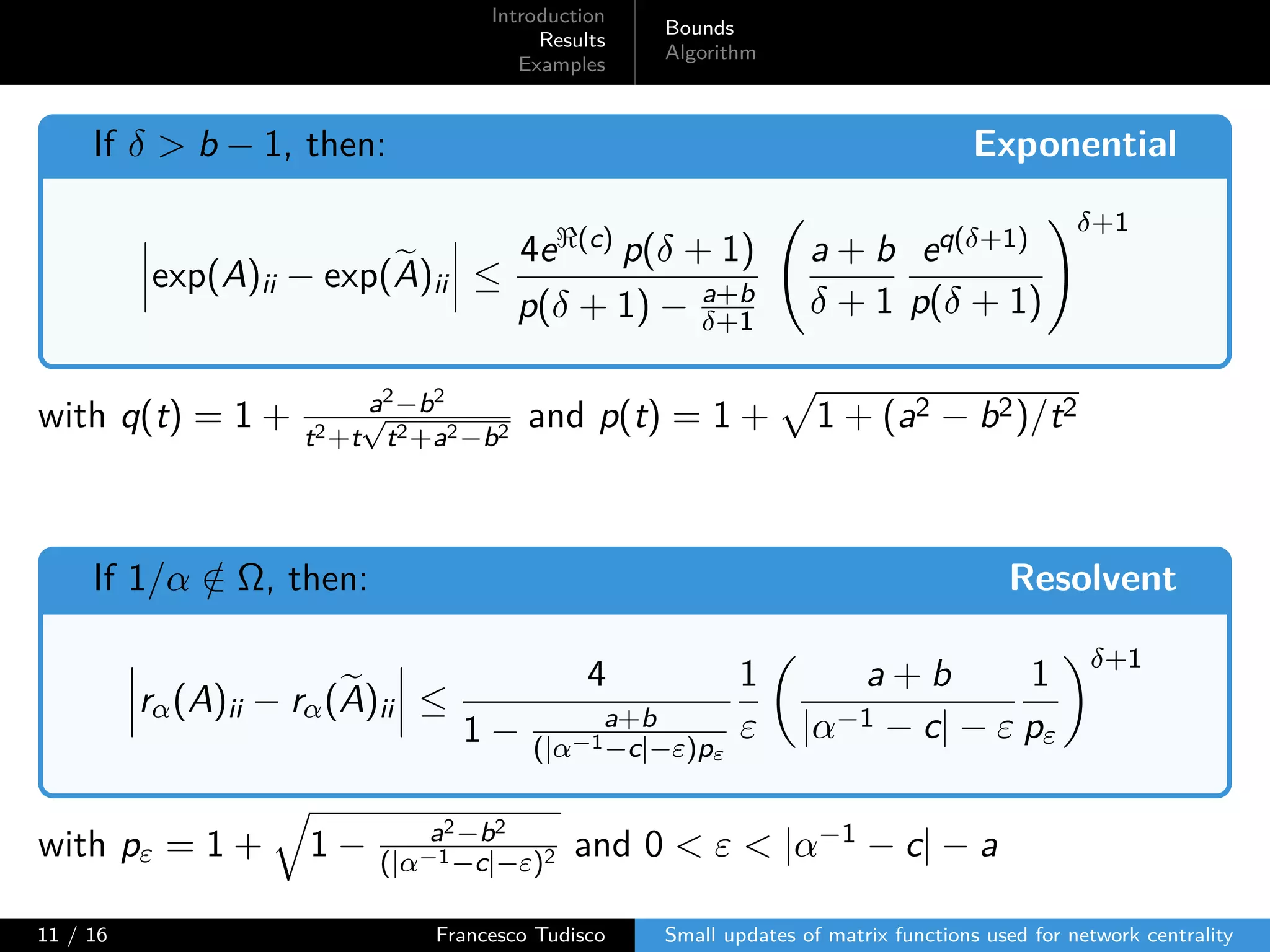 Introduction
Results
Examples
Bounds
Algorithm
If δ > b − 1, then: Exponential
exp(A)ii − exp(A)ii ≤
4eℜ(c) p(δ + 1)
p(δ + 1) − a+b
δ+1
a + b
δ + 1
eq(δ+1)
p(δ + 1)
δ+1
with q(t) = 1 + a2−b2
t2+t
√
t2+a2−b2
and p(t) = 1 + 1 + (a2 − b2)/t2
If 1/α /∈ Ω, then: Resolvent
rα(A)ii − rα(A)ii ≤
4
1 − a+b
(|α−1−c|−ε)pε
1
ε
a + b
|α−1 − c| − ε
1
pε
δ+1
with pε = 1 + 1 − a2−b2
(|α−1−c|−ε)2 and 0 < ε < |α−1 − c| − a
11 / 16 Francesco Tudisco Small updates of matrix functions used for network centrality
 