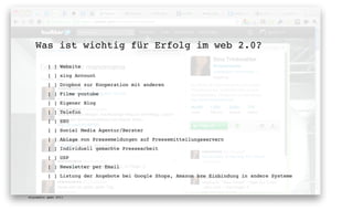 Was ist wichtig für Erfolg im web 2.0?

          [ ] Website
          [ ] xing Account
          [ ] Dropbox zur Kooperation mit anderen
          [ ] Filme youtube
          [ ] Eigener Blog
          [ ] Telefon
          [ ] SEO
          [ ] Social Media Agentur/Berater
          [ ] Ablage von Pressemeldungen auf Pressemitteilungsservern
          [ ] Individuell gemachte Pressearbeit
          [ ] USP
          [ ] Newsletter per Email
          [ ] Listung der Angebote bei Google Shops, Amazon bzw Einbindung in andere Systeme
           

digimedia gmbh 2011
 