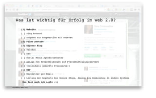 Was ist wichtig für Erfolg im web 2.0?

          [3] Website
          [ ] xing Account
          [ ] Dropbox zur Kooperation mit anderen
          [4] Filme youtube
          [2] Eigener Blog
          [ ] Telefon
          [ ] SEO
          [ ] Social Media Agentur/Berater
          [ ] Ablage von Pressemeldungen auf Pressemitteilungsservern
          [ ] Individuell gemachte Pressearbeit
          [1] USP
          [ ] Newsletter per Email
          [ ] Listung der Angebote bei Google Shops, Amazon bzw Einbindung in andere Systeme
           Den Rest mach ich nicht ;))

digimedia gmbh 2011
 