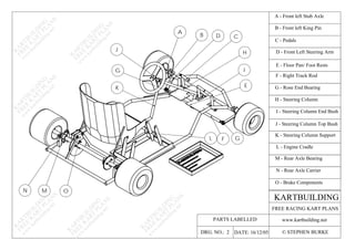PARTS LABELLED
A - Front left Stub Axle
B - Front left King Pin
C - Pedals
D - Front Left Steering Arm
E - Floor Pan/ Foot Rests
F - Right Track Rod
G - Rose End Bearing
H - Steering Column
I - Steering Column End Bush
J - Steering Column Top Bush
K - Steering Column Support
L - Engine Cradle
M - Rear Axle Bearing
N - Rear Axle Carrier
O - Brake Components
A
B D
E
F G
G
H
I
J
K
MN O
L
C
KARTBUILDING
www.kartbuilding.net
DATE: 16/12/05DRG. NO.: 2 © STEPHEN BURKE
FREE RACING KART PLANS
K
A
RTBU
ILD
IN
G
FREE
K
A
RT
PLA
N
S
w
w
w
.kartbuilding.net
K
A
RTBU
ILD
IN
G
FREE
K
A
RT
PLA
N
S
w
w
w
.kartbuilding.net
K
A
RTBU
ILD
IN
G
FREE
K
A
RT
PLA
N
S
w
w
w
.kartbuilding.net
K
A
RTBU
ILD
IN
G
FREE
K
A
RT
PLA
N
S
w
w
w
.kartbuilding.net
K
A
RTBU
ILD
IN
G
FREE
K
A
RT
PLA
N
S
w
w
w
.kartbuilding.net
K
A
RTBU
ILD
IN
G
FREE
K
A
RT
PLA
N
S
w
w
w
.kartbuilding.net
 