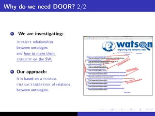 Why do we need DOOR? 2/2



  1    We are investigating:
      implicit relationships
      between ontologies
      and how to make them
      explicit on the SW;


  2   Our approach:
      It is based on a formal
      characterization of relations
      between ontologies.
 