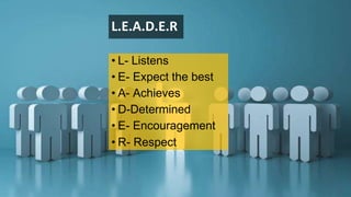 L.E.A.D.E.R
• L- Listens
• E- Expect the best
• A- Achieves
• D-Determined
• E- Encouragement
• R- Respect
 