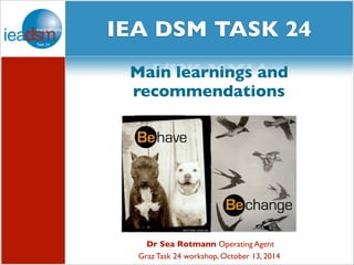 Subtasks of Task XXIV social media and 
IEA DSM TASK 24 
Task XXIV 
Main learnings and 
recommendations 
Dr Sea Rotmann Operating Agent 
Graz Task 24 workshop, October 13, 2014 
 
