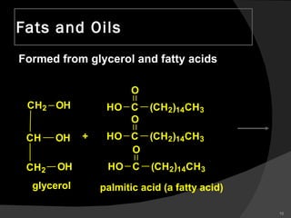 Fats and Oils Formed from glycerol and fatty acids  