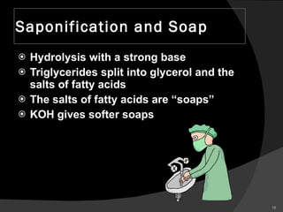 Saponification and Soap Hydrolysis with a strong base Triglycerides split into glycerol and the salts of fatty acids  The salts of fatty acids are “soaps” KOH gives softer soaps 