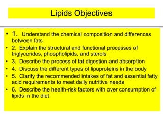 Lipids Objectives 1.  Understand the chemical composition and differences between fats 2.  Explain the structural and functional processes of triglycerides, phospholipids, and sterols 3.  Describe the process of fat digestion and absorption 4.  Discuss the different types of lipoproteins in the body 5.  Clarify the recommended intakes of fat and essential fatty acid requirements to meet daily nutritive needs 6.  Describe the health-risk factors with over consumption of lipids in the diet 