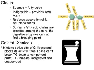 Olestra Sucrose + fatty acids Indigestible – provides zero kcals Reduces absorption of fat-soluble vitamins So many fatty acid chains are crowded around the core, the digestive enzymes cannot find a breaking point Orlistat (Xenical) * binds to active site of GI lipase and blocks its activity; thus, lipase can’t break TG down to component parts; TG remains undigested and unabsorbed 
