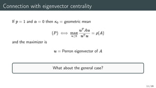 Connection with eigenvector centrality
If p = 1 and  = 0 then 0 = geometric mean
(P) () max
u0
uT Au
uT u
= (A)
and the maximizer is
u = Perron eigenvector of A
What about the general case?
11 / 29
 