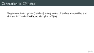 Connection to CP kernel
Suppose we have a graph G with adjacency matrix A and we want to find a u
that maximizes the likelihood that G is LCP(u)
18 / 29
 