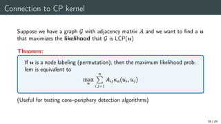 Connection to CP kernel
Suppose we have a graph G with adjacency matrix A and we want to find a u
that maximizes the likelihood that G is LCP(u)
Theorem:
If u is a node labeling (permutation), then the maximum likelihood prob-
lem is equivalent to
max
u
n
X
i;j=1
Aij(ui;uj)
(Useful for testing core–periphery detection algorithms)
18 / 29
 