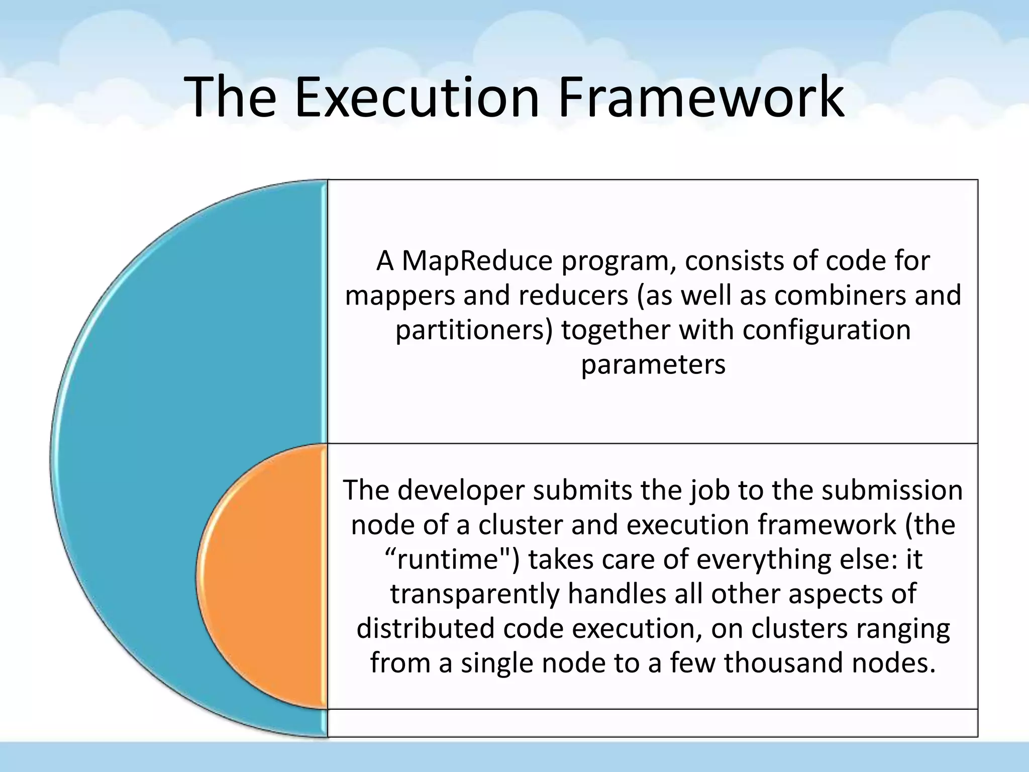 The Execution Framework
A MapReduce program, consists of code for
mappers and reducers (as well as combiners and
partitioners) together with configuration
parameters
The developer submits the job to the submission
node of a cluster and execution framework (the
“runtime") takes care of everything else: it
transparently handles all other aspects of
distributed code execution, on clusters ranging
from a single node to a few thousand nodes.
 
