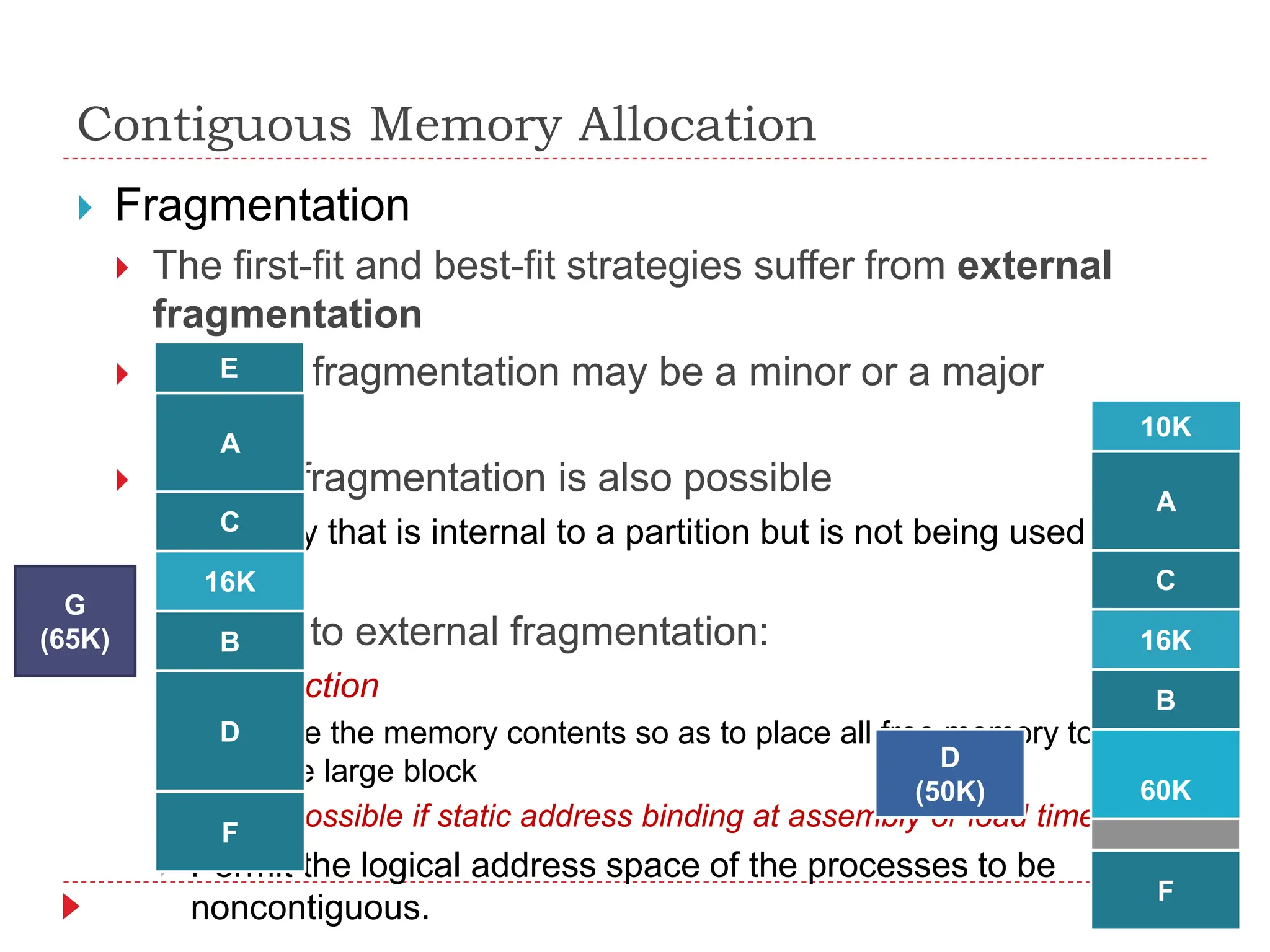 Contiguous Memory Allocation
 Fragmentation
 The first-fit and best-fit strategies suffer from external
fragmentation
 External fragmentation may be a minor or a major
problem
 Internal fragmentation is also possible
 memory that is internal to a partition but is not being used
 Solution to external fragmentation:
 Compaction
 shuffle the memory contents so as to place all free memory together
in one large block
 Not possible if static address binding at assembly or load time
 Permit the logical address space of the processes to be
noncontiguous.
44K
D
B
16K
C
A
G
(65K)
F
10K
E
44K
60K
B
16K
C
A
F
10K
D
(50K)
 