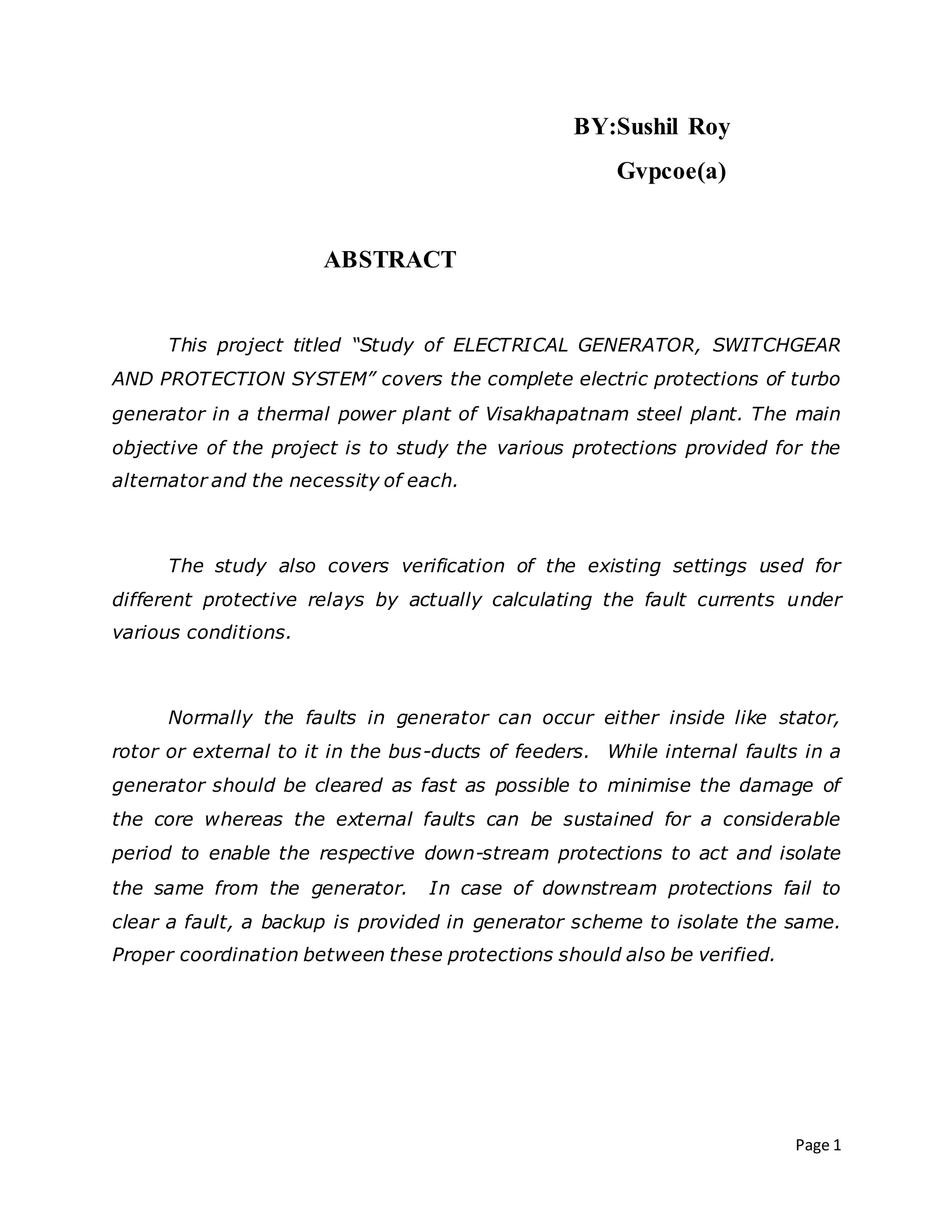Study of generator and switchgear Vizag steel plant report | DOCX