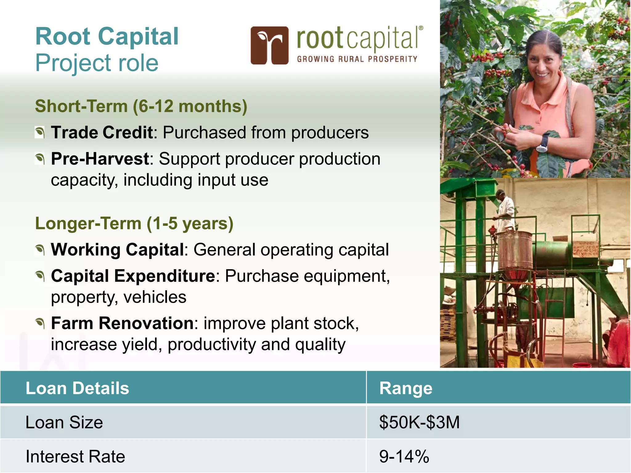 Root Capital
Project role
Loan Details Range
Loan Size $50K-$3M
Interest Rate 9-14%
Short-Term (6-12 months)
Trade Credit: Purchased from producers
Pre-Harvest: Support producer production
capacity, including input use
Longer-Term (1-5 years)
Working Capital: General operating capital
Capital Expenditure: Purchase equipment,
property, vehicles
Farm Renovation: improve plant stock,
increase yield, productivity and quality
 