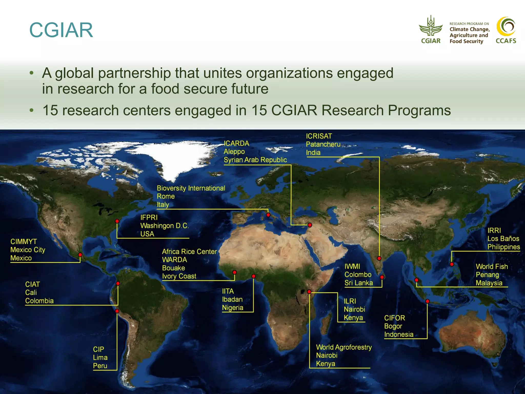 CGIAR
• A global partnership that unites organizations engaged
in research for a food secure future
• 15 research centers engaged in 15 CGIAR Research Programs
 