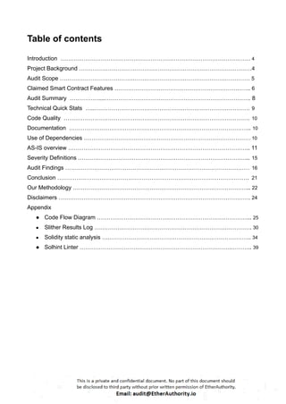 Table of contents
Introduction ……………………………………………………………………………………… 4
Project Background ………………………………………………………………………………4
Audit Scope ……………………………………………………………………………………… 5
Claimed Smart Contract Features …………………………………………………………….. 6
Audit Summary ……………....…………………………………………………………………. 8
Technical Quick Stats …..……………………………………………………………………… 9
Code Quality ……………………………………………………………………………………. 10
Documentation ………………………………………………………………………………….. 10
Use of Dependencies …………………………………………………………………………… 10
AS-IS overview ………………………………………………………………………………….. 11
Severity Definitions ……………………………………………………………………………... 15
Audit Findings …………………………………………………………………………………… 16
Conclusion ………………………………………………………………………………………. 21
Our Methodology ………………………………………………………………………………... 22
Disclaimers ………………………………………………………………………………………. 24
Appendix
● Code Flow Diagram ……………………………………………………………………... 25
● Slither Results Log ………………………………………………………………………. 30
● Solidity static analysis ….……………………………………………………………….. 34
● Solhint Linter …………………………………………………………………….……….. 39
 