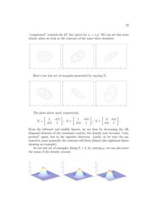 37
“compressed” towards the 45◦
line (given by x1 = x2). We can see this more
clearly when we look at the contours of the same three densities:
−3 −2 −1 0 1 2 3
−3
−2
−1
0
1
2
3
−3 −2 −1 0 1 2 3
−3
−2
−1
0
1
2
3
−3 −2 −1 0 1 2 3
−3
−2
−1
0
1
2
3
Here’s one last set of examples generated by varying Σ:
−3 −2 −1 0 1 2 3
−3
−2
−1
0
1
2
3
−3 −2 −1 0 1 2 3
−3
−2
−1
0
1
2
3
−3 −2 −1 0 1 2 3
−3
−2
−1
0
1
2
3
The plots above used, respectively,
Σ =

1 -0.5
-0.5 1

; Σ =

1 -0.8
-0.8 1

; Σ =

3 0.8
0.8 1

.
From the leftmost and middle figures, we see that by decreasing the off-
diagonal elements of the covariance matrix, the density now becomes “com-
pressed” again, but in the opposite direction. Lastly, as we vary the pa-
rameters, more generally the contours will form ellipses (the rightmost figure
showing an example).
As our last set of examples, fixing Σ = I, by varying µ, we can also move
the mean of the density around.
−3
−2
−1
0
1
2
3
−3
−2
−1
0
1
2
3
0.05
0.1
0.15
0.2
0.25
−3
−2
−1
0
1
2
3
−3
−2
−1
0
1
2
3
0.05
0.1
0.15
0.2
0.25
−3
−2
−1
0
1
2
3
−3
−2
−1
0
1
2
3
0.05
0.1
0.15
0.2
0.25
 