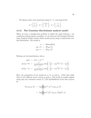 38
The figures above were generated using Σ = I, and respectively
µ =

1
0

; µ =

-0.5
0

; µ =

-1
-1.5

.
4.1.2 The Gaussian discriminant analysis model
When we have a classification problem in which the input features x are
continuous-valued random variables, we can then use the Gaussian Discrim-
inant Analysis (GDA) model, which models p(x|y) using a multivariate nor-
mal distribution. The model is:
y ∼ Bernoulli(φ)
x|y = 0 ∼ N(µ0, Σ)
x|y = 1 ∼ N(µ1, Σ)
Writing out the distributions, this is:
p(y) = φy
(1 − φ)1−y
p(x|y = 0) =
1
(2π)d/2|Σ|1/2
exp

−
1
2
(x − µ0)T
Σ−1
(x − µ0)

p(x|y = 1) =
1
(2π)d/2|Σ|1/2
exp

−
1
2
(x − µ1)T
Σ−1
(x − µ1)

Here, the parameters of our model are φ, Σ, µ0 and µ1. (Note that while
there’re two different mean vectors µ0 and µ1, this model is usually applied
using only one covariance matrix Σ.) The log-likelihood of the data is given
by
`(φ, µ0, µ1, Σ) = log
n
Y
i=1
p(x(i)
, y(i)
; φ, µ0, µ1, Σ)
= log
n
Y
i=1
p(x(i)
|y(i)
; µ0, µ1, Σ)p(y(i)
; φ).
 