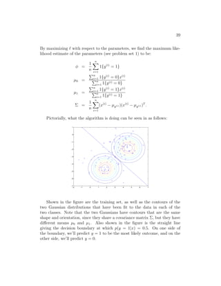 39
By maximizing ` with respect to the parameters, we find the maximum like-
lihood estimate of the parameters (see problem set 1) to be:
φ =
1
n
n
X
i=1
1{y(i)
= 1}
µ0 =
Pn
i=1 1{y(i)
= 0}x(i)
Pn
i=1 1{y(i) = 0}
µ1 =
Pn
i=1 1{y(i)
= 1}x(i)
Pn
i=1 1{y(i) = 1}
Σ =
1
n
n
X
i=1
(x(i)
− µy(i) )(x(i)
− µy(i) )T
.
Pictorially, what the algorithm is doing can be seen in as follows:
−2 −1 0 1 2 3 4 5 6 7
−7
−6
−5
−4
−3
−2
−1
0
1
Shown in the figure are the training set, as well as the contours of the
two Gaussian distributions that have been fit to the data in each of the
two classes. Note that the two Gaussians have contours that are the same
shape and orientation, since they share a covariance matrix Σ, but they have
different means µ0 and µ1. Also shown in the figure is the straight line
giving the decision boundary at which p(y = 1|x) = 0.5. On one side of
the boundary, we’ll predict y = 1 to be the most likely outcome, and on the
other side, we’ll predict y = 0.
 