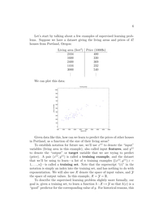 6
Let’s start by talking about a few examples of supervised learning prob-
lems. Suppose we have a dataset giving the living areas and prices of 47
houses from Portland, Oregon:
Living area (feet2
) Price (1000$s)
2104 400
1600 330
2400 369
1416 232
3000 540
.
.
.
.
.
.
We can plot this data:
500 1000 1500 2000 2500 3000 3500 4000 4500 5000
0
100
200
300
400
500
600
700
800
900
1000
housing prices
square feet
price
(in
$1000)
Given data like this, how can we learn to predict the prices of other houses
in Portland, as a function of the size of their living areas?
To establish notation for future use, we’ll use x(i)
to denote the “input”
variables (living area in this example), also called input features, and y(i)
to denote the “output” or target variable that we are trying to predict
(price). A pair (x(i)
, y(i)
) is called a training example, and the dataset
that we’ll be using to learn—a list of n training examples {(x(i)
, y(i)
); i =
1, . . . , n}—is called a training set. Note that the superscript “(i)” in the
notation is simply an index into the training set, and has nothing to do with
exponentiation. We will also use X denote the space of input values, and Y
the space of output values. In this example, X = Y = R.
To describe the supervised learning problem slightly more formally, our
goal is, given a training set, to learn a function h : X 7→ Y so that h(x) is a
“good” predictor for the corresponding value of y. For historical reasons, this
 