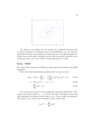 75
−2 −1.5 −1 −0.5 0 0.5 1 1.5 2 2.5
−2
−1.5
−1
−0.5
0
0.5
1
1.5
2
2.5
The ellipses in the figure are the contours of a quadratic function that
we want to optimize. Coordinate ascent was initialized at (2, −2), and also
plotted in the figure is the path that it took on its way to the global maximum.
Notice that on each step, coordinate ascent takes a step that’s parallel to one
of the axes, since only one variable is being optimized at a time.
6.8.2 SMO
We close off the discussion of SVMs by sketching the derivation of the SMO
algorithm.
Here’s the (dual) optimization problem that we want to solve:
maxα W(α) =
n
X
i=1
αi −
1
2
n
X
i,j=1
y(i)
y(j)
αiαjhx(i)
, x(j)
i. (6.19)
s.t. 0 ≤ αi ≤ C, i = 1, . . . , n (6.20)
n
X
i=1
αiy(i)
= 0. (6.21)
Let’s say we have set of αi’s that satisfy the constraints (6.20-6.21). Now,
suppose we want to hold α2, . . . , αn fixed, and take a coordinate ascent step
and reoptimize the objective with respect to α1. Can we make any progress?
The answer is no, because the constraint (6.21) ensures that
α1y(1)
= −
n
X
i=2
αiy(i)
.
 