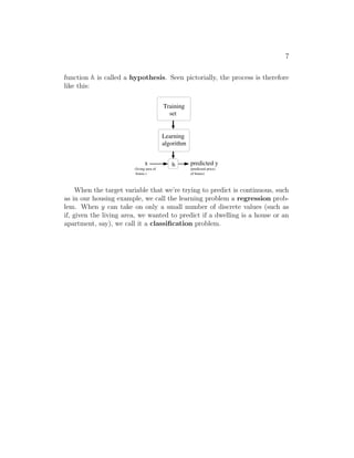 7
function h is called a hypothesis. Seen pictorially, the process is therefore
like this:
Training
set
house.)
(living area of
Learning
algorithm
h predicted y
x
(predicted price)
of house)
When the target variable that we’re trying to predict is continuous, such
as in our housing example, we call the learning problem a regression prob-
lem. When y can take on only a small number of discrete values (such as
if, given the living area, we wanted to predict if a dwelling is a house or an
apartment, say), we call it a classification problem.
 