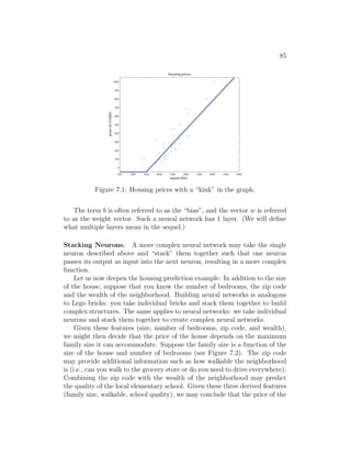 85
500 1000 1500 2000 2500 3000 3500 4000 4500 5000
0
100
200
300
400
500
600
700
800
900
1000
housing prices
square feet
price
(in
$1000)
Figure 7.1: Housing prices with a “kink” in the graph.
The term b is often referred to as the “bias”, and the vector w is referred
to as the weight vector. Such a neural network has 1 layer. (We will define
what multiple layers mean in the sequel.)
Stacking Neurons. A more complex neural network may take the single
neuron described above and “stack” them together such that one neuron
passes its output as input into the next neuron, resulting in a more complex
function.
Let us now deepen the housing prediction example. In addition to the size
of the house, suppose that you know the number of bedrooms, the zip code
and the wealth of the neighborhood. Building neural networks is analogous
to Lego bricks: you take individual bricks and stack them together to build
complex structures. The same applies to neural networks: we take individual
neurons and stack them together to create complex neural networks.
Given these features (size, number of bedrooms, zip code, and wealth),
we might then decide that the price of the house depends on the maximum
family size it can accommodate. Suppose the family size is a function of the
size of the house and number of bedrooms (see Figure 7.2). The zip code
may provide additional information such as how walkable the neighborhood
is (i.e., can you walk to the grocery store or do you need to drive everywhere).
Combining the zip code with the wealth of the neighborhood may predict
the quality of the local elementary school. Given these three derived features
(family size, walkable, school quality), we may conclude that the price of the
 