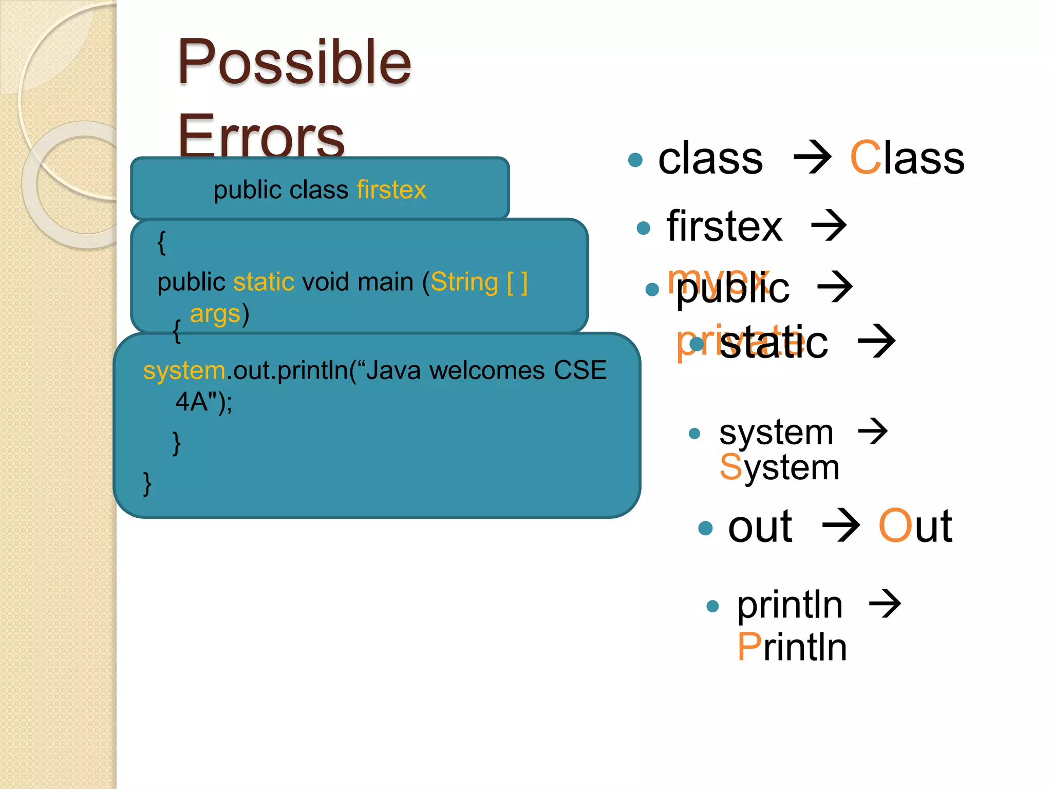 Possible
Errors
public class firstex
 class  Class
public class firstex
 firstex 
myex
{
public static void main (String [ ]
args)
 public 
private
{
public static void main (String [ ]
args)
 static 
{
public static void main (String [ ]
args)
{
system.out.println(“Java welcomes CSE
4A");
}
}
 system 
System
 out  Out
 println 
Println
 