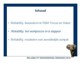 Inhoud


• Reliability, bouwsteen in DSM ‘Focus on Value’

• Reliability, het workproces in 6 stappen

• Reliability, resultaten van wereldwijde aanpak
 