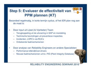 Step 5: Evalueer de effectiviteit van
         PPM plannen (KT)
Beoordeel regelmatig, in korte termijn cyclus, of het IER plan nog aan
   de maat is:

•   Door input uit L(eer) & V(erbeter) Team
    –   Terugkoppeling uit de uitvoering in SAP en mondeling
    –   Technische bevindingen uit preventieve inspecties
    –   Incidenten, LOPC’s via RCA’s
    –   Onbekende faalmechanismen

•   Door analyse van Reliability Engineers en andere Specialisten
    – Performance killers&Cost drivers
    – Nieuwe faalmechanismen uit bv. PID (Plant Integrity Database)
 