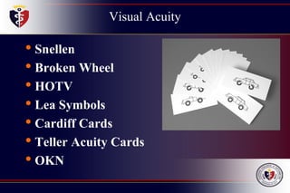 Visual Acuity
• Snellen
• Broken Wheel
• HOTV
• Lea Symbols
• Cardiff Cards
• Teller Acuity Cards
• OKN
 