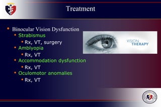 Treatment
• Binocular Vision Dysfunction
• Strabismus
• Rx, VT, surgery
• Amblyopia
• Rx, VT
• Accommodation dysfunction
• Rx, VT
• Oculomotor anomalies
• Rx, VT
 
